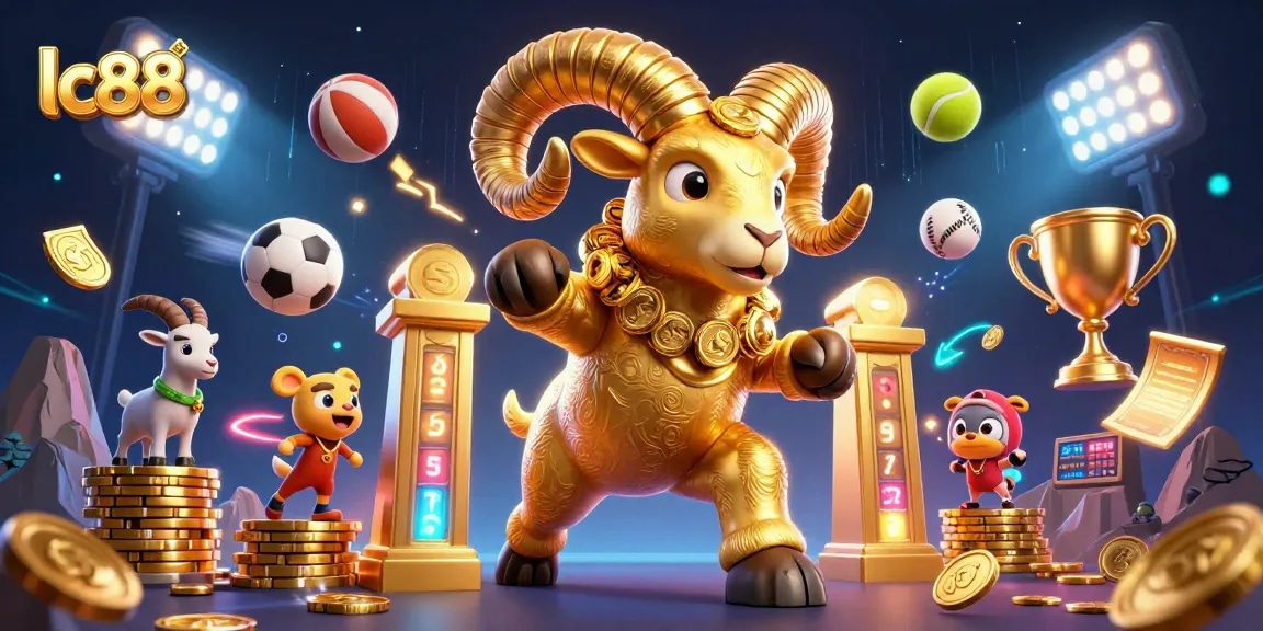 Bet big with lc88 as the golden ram charges through a dynamic sports betting celebration filled with trophies and action.