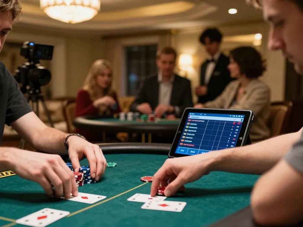 Player focused on strategy during a poker game with DA88 tablet for real-time analysis.