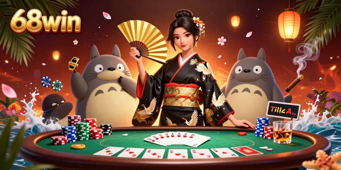 Experience the thrill of 68win's games with colorful poker chips and vibrant characters in a lively casino scene.