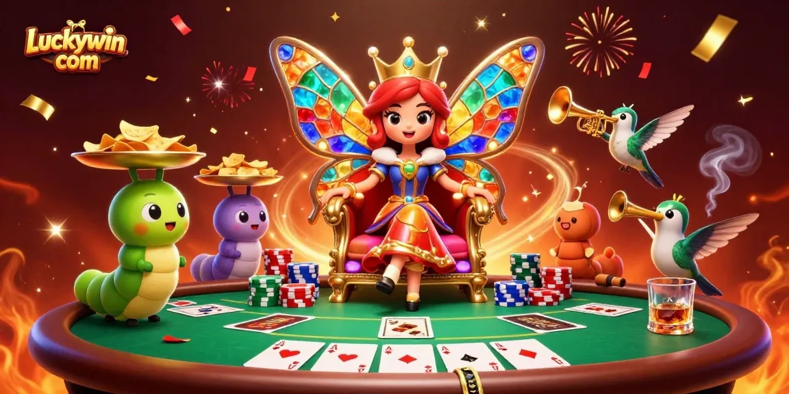 Join the fun at Luckywin com with a vibrant casino-themed illustration featuring a butterfly queen!
