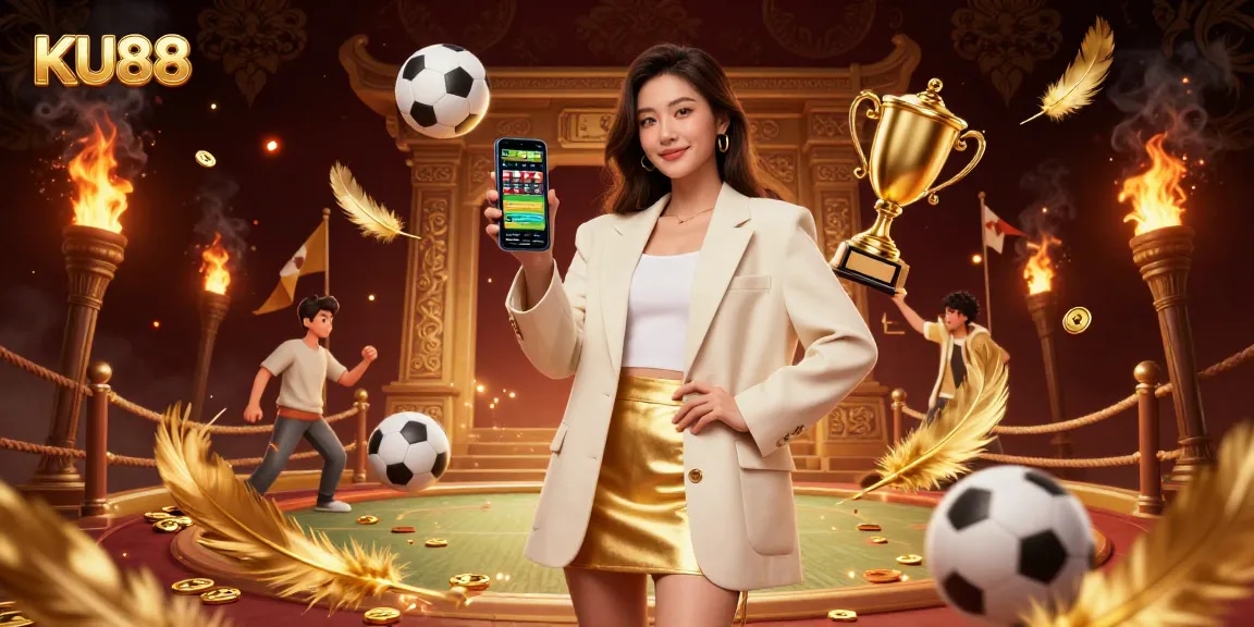 Engage with sports betting excitement at KU88 featuring a dynamic scene with a friendly Asian woman.