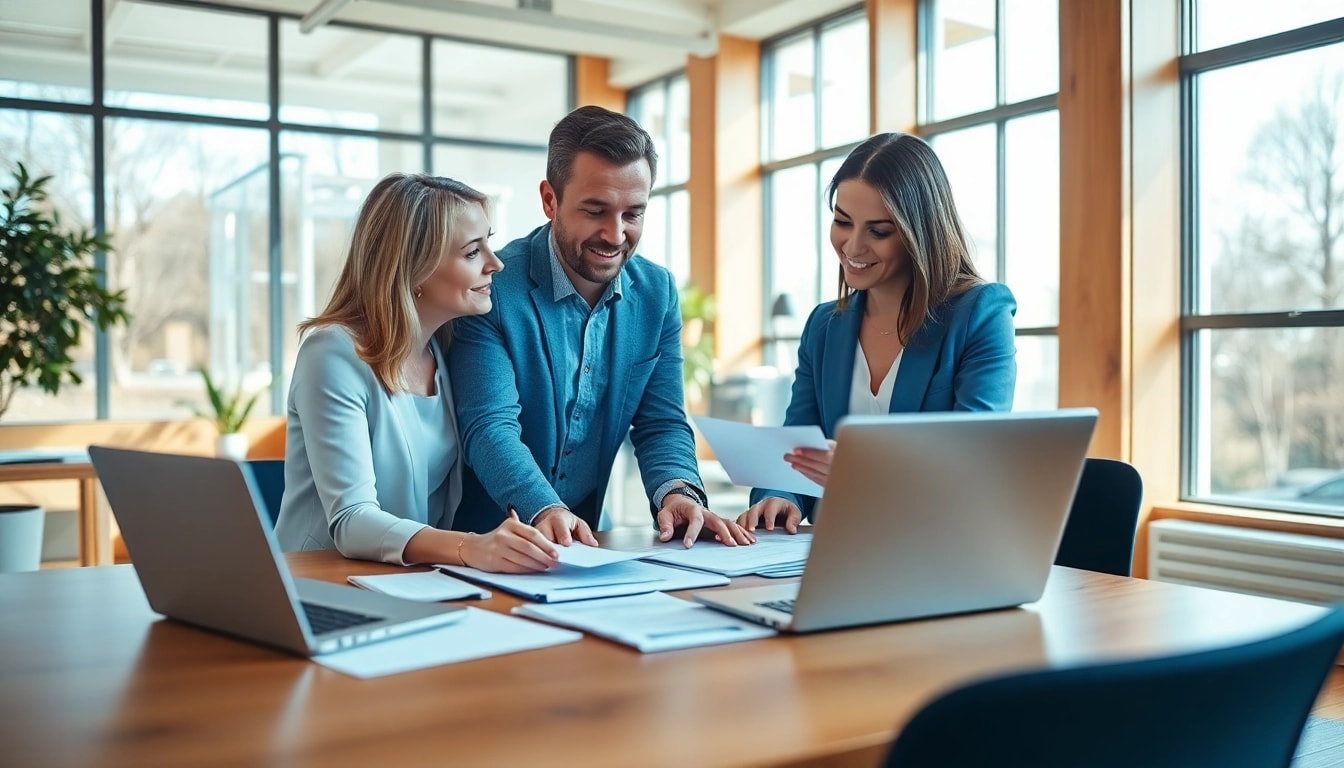 Financial consultant guides clients in securing grants with vibrant office setting.