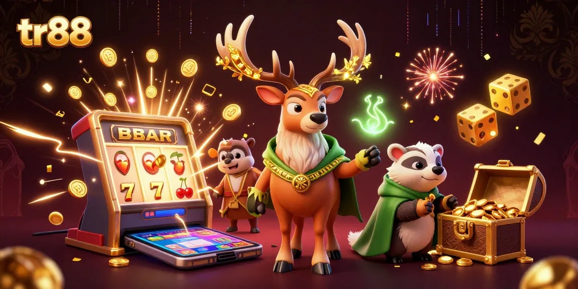 Experience the thrilling jackpot adventure with tr88 at the dynamic casino scene featuring slots and characters!