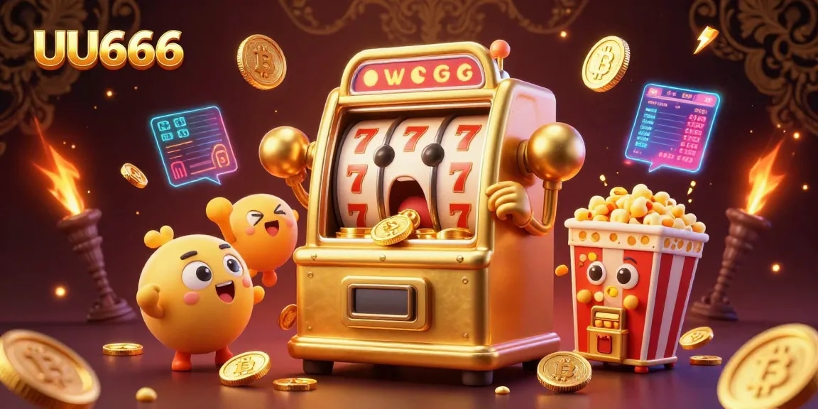 UU666's golden slot machine celebrates hitting the jackpot, surrounded by vibrant gaming elements.