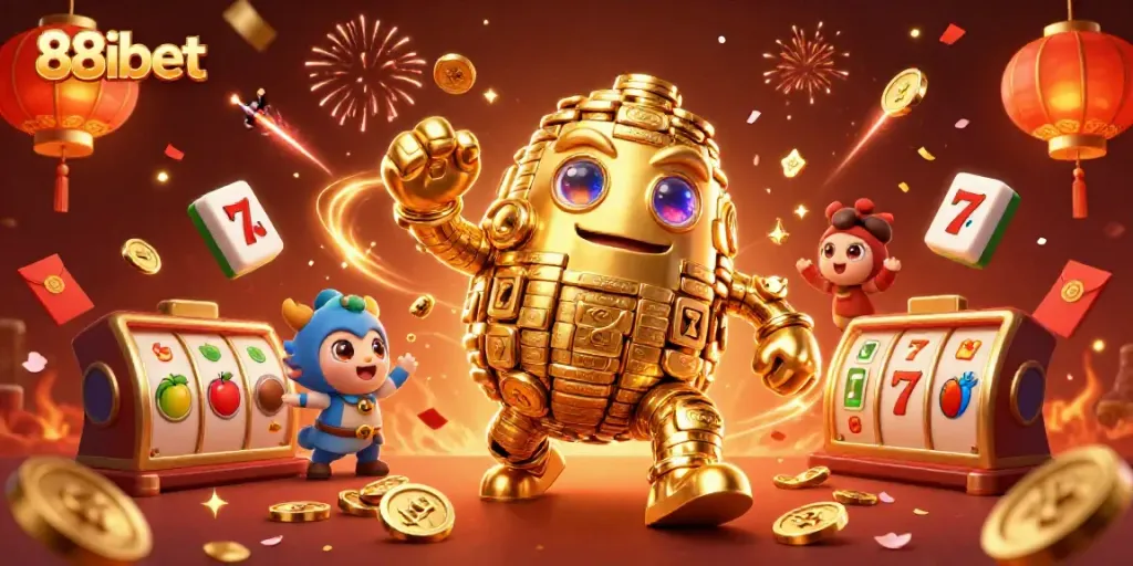 Experience the vibrant energy of 88ibet with the animated golden golem and slot game elements.