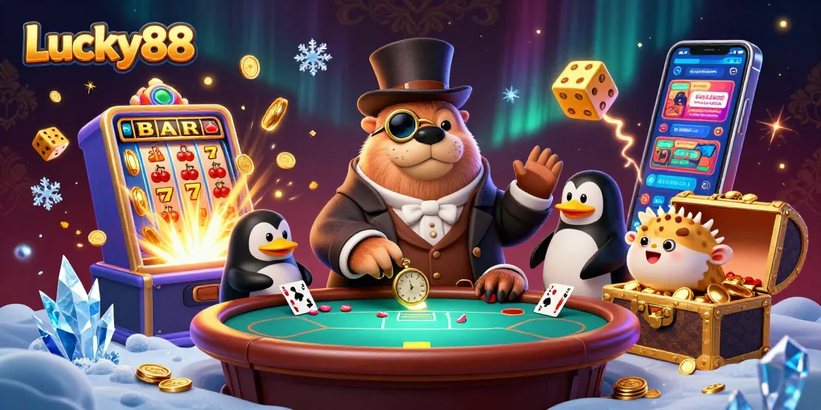 Experience the excitement of Lucky88 with engaging characters and dynamic casino elements in an underwater scene.