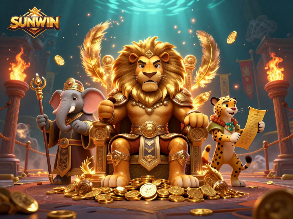 SUNWIN leads the gaming scene with a dynamic illustration of a fierce lion king, wise elephant, and swift cheetah thriving in a vibrant casino world.