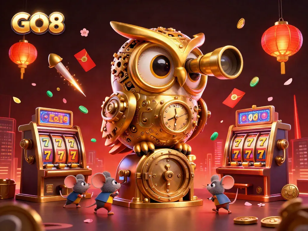 Engage with GO8's thriving casino scene featuring a golden owl and whimsical mice among vibrant slot machines.