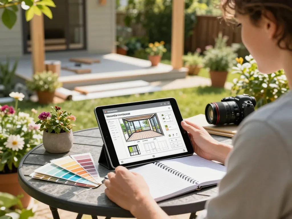 Person using a veranda configurator on a tablet in a garden setting to design a custom outdoor space.