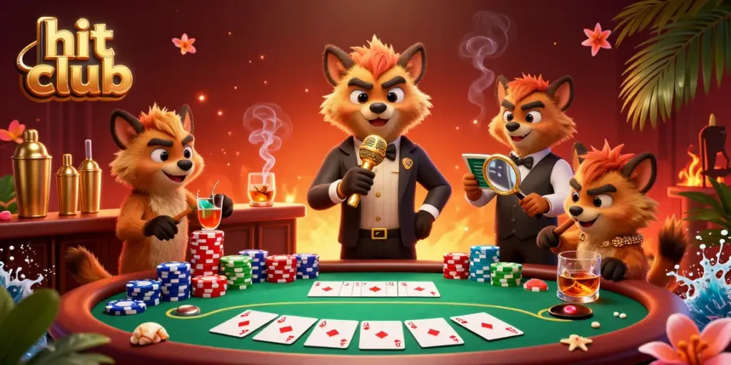 Experience the vibrant hit club comedy casino scene with hyena characters entertaining guests amidst colorful poker elements.