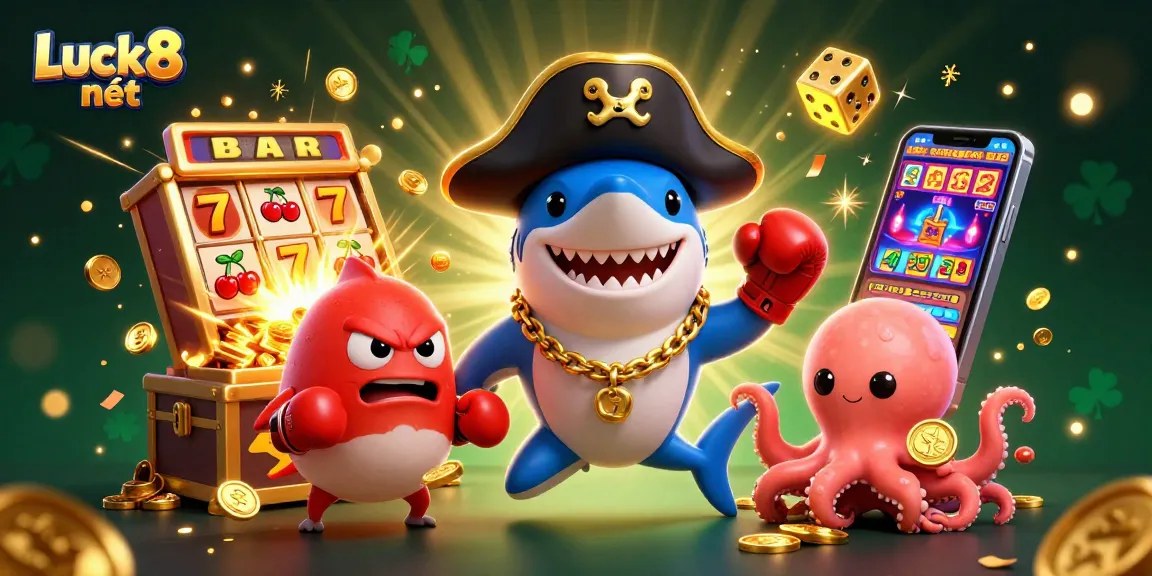 Engage with Luck8 nét showcasing a playful pirate shark and friends in a dynamic casino scene.