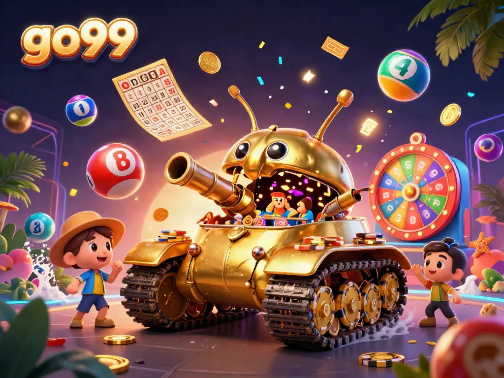 Experience excitement at go99 with a vibrant illustration of a dynamic casino scene full of games.