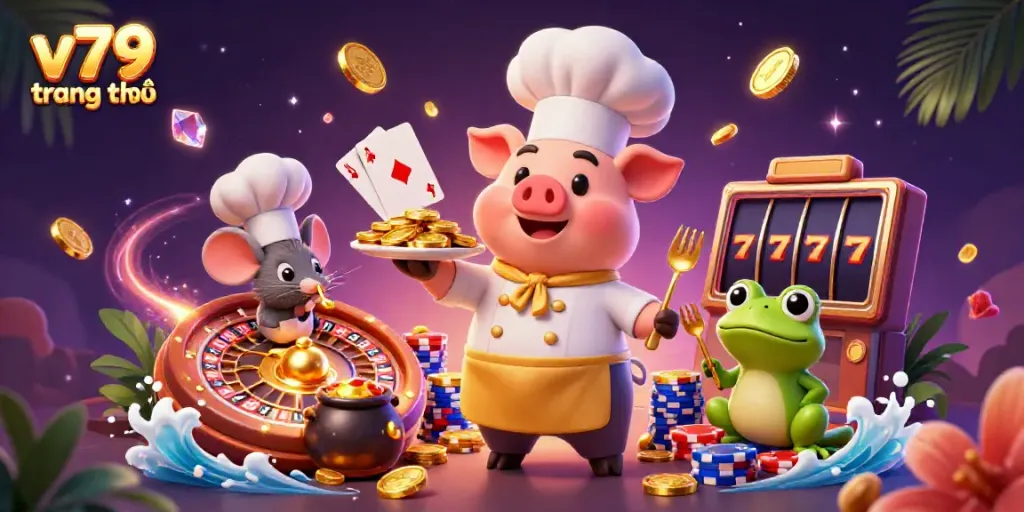Experience the thrill of v79 trang chủ casino with gold coins, a chef pig, and vibrant gameplay elements.