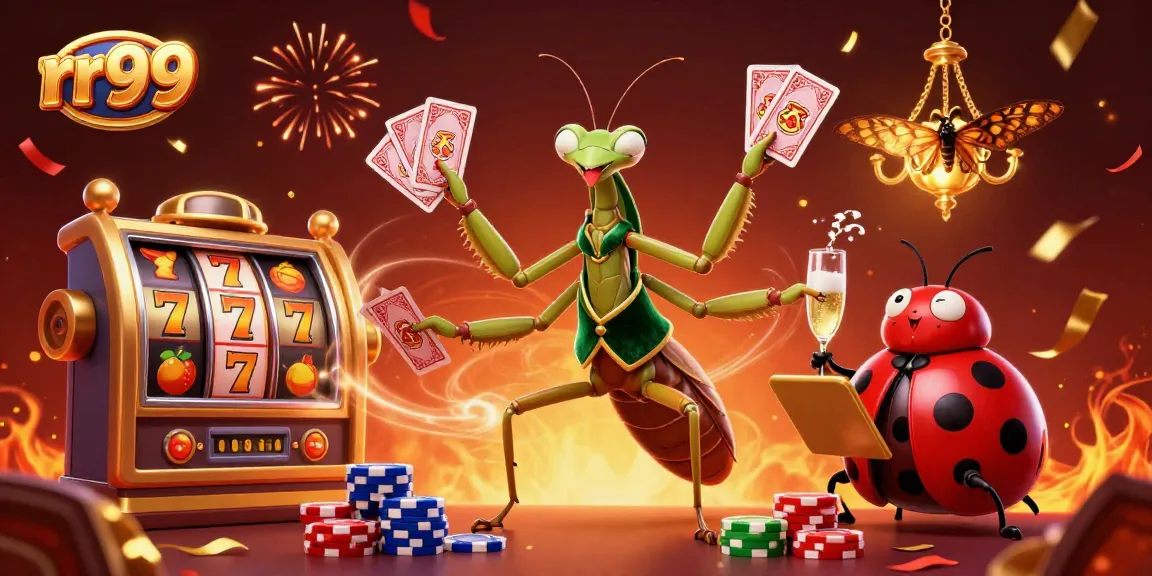 Experience thrilling moments at rr99 with a cartoon mantis dealing cards and festive casino elements.