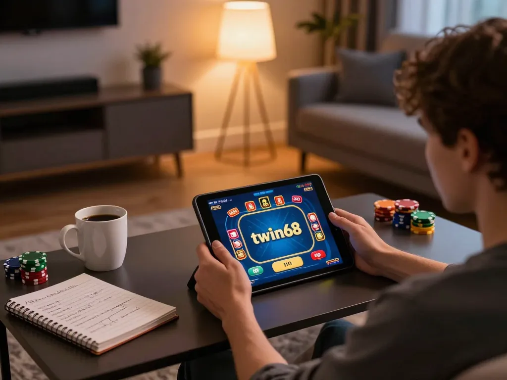 Engaging in online gaming at home with twiin68 platform's poker game on display.