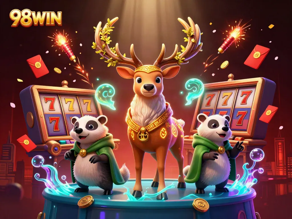Experience thrilling gameplay at 98WIN with engaging slots and lucky symbols in a vibrant casino setting.