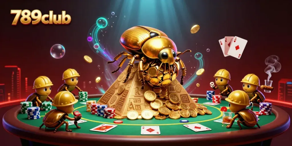 Experience the excitement at 789club with a vibrant illustration of golden beetles and poker elements.