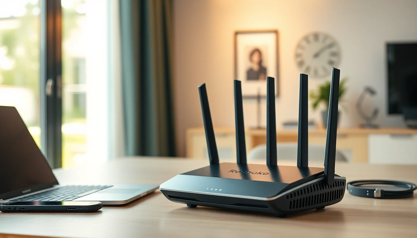 Show a pre configured vpn router uk with modern tech setup in a bright home office.