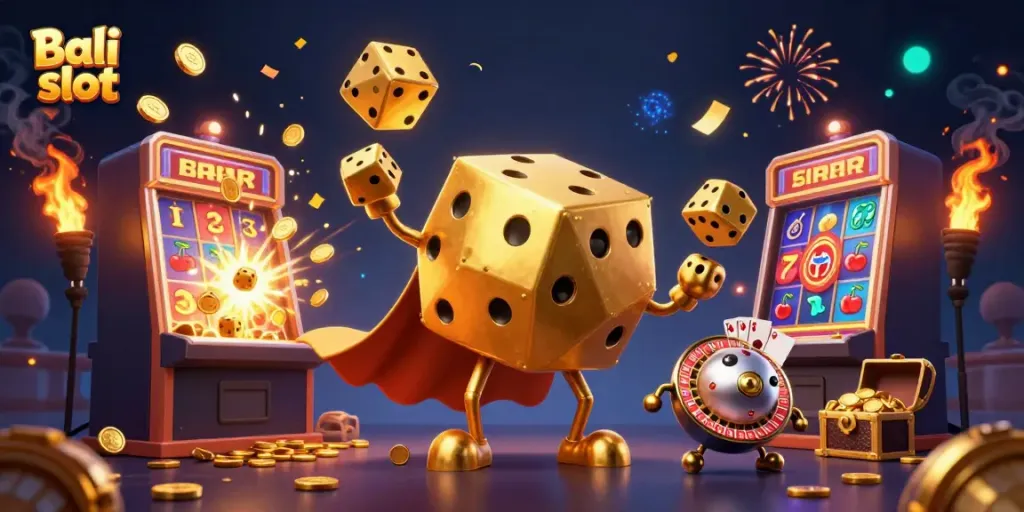 Bali slot players enjoy vibrant casino action with golden dice and a slot machine explosion.