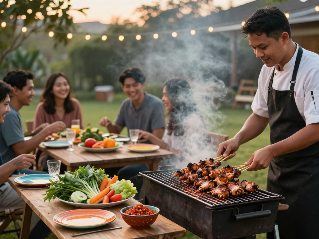 Delicious rokok88 ayam bakar grilled with sambal rawit in a backyard barbecue setting.