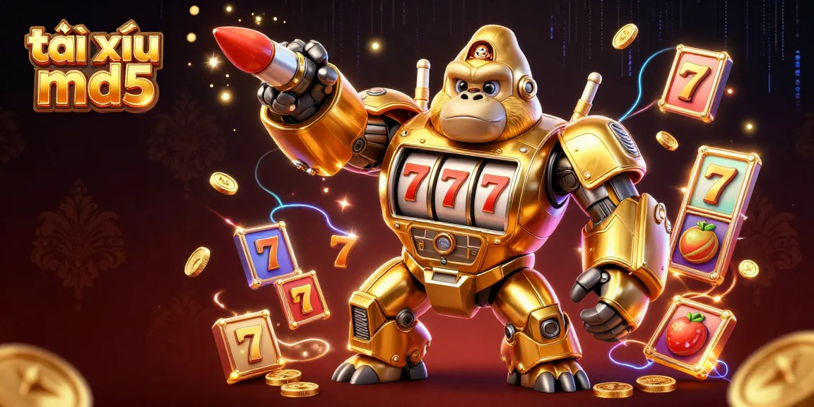 Experience the thrill of tài xỉu md5 with a vibrant 3D illustration of a golden gorilla mech and dynamic game elements.