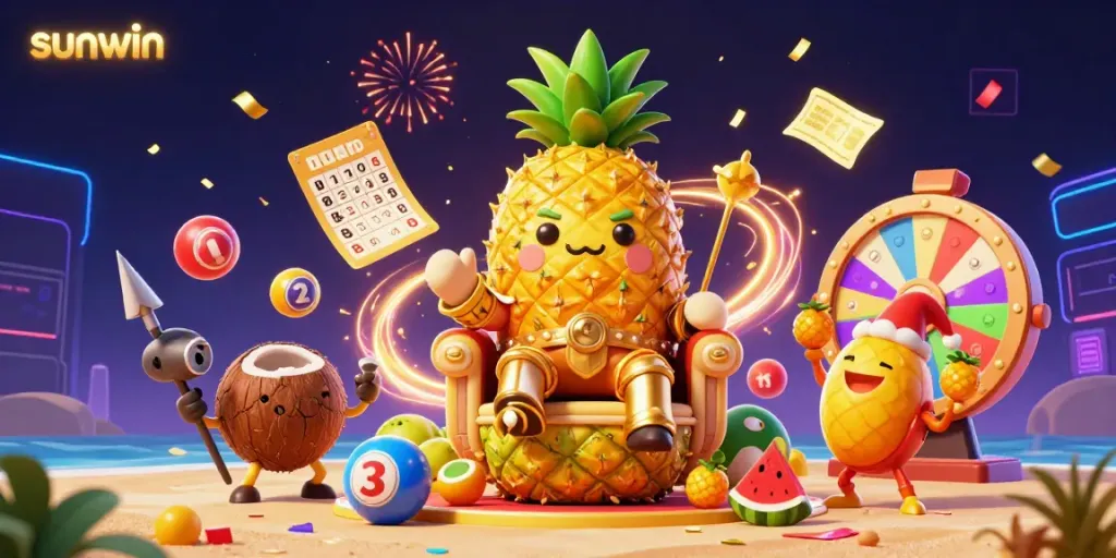 Engage with the vibrant sunwin casino experience, featuring a golden pineapple king and colorful game elements in a dynamic celebration.