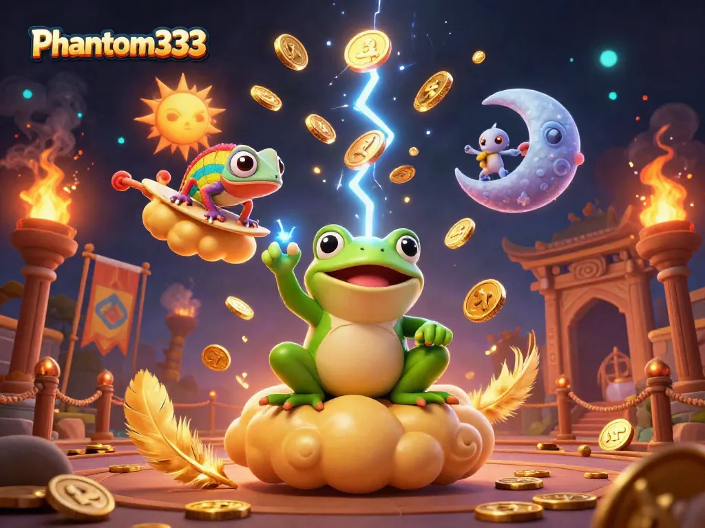 Experience the excitement of Phantom333 with a whimsical 3D scene of vibrant characters and golden elements.