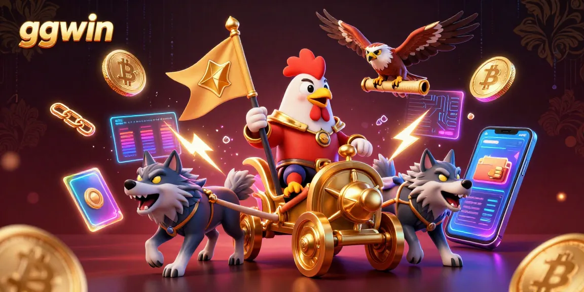 ggwin showcases a vibrant 3D casino scene featuring a rooster warlord in a golden chariot, crypto elements glowing.