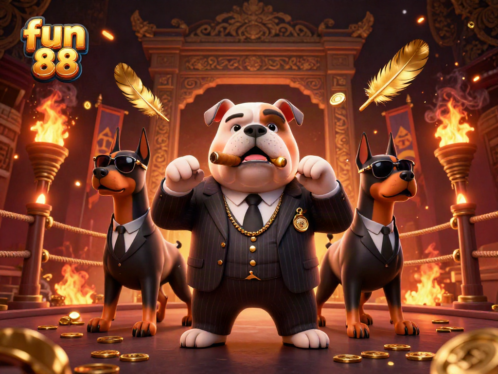 Experience fun 88 with a vibrant 3D scene featuring a mafia bulldog and bodyguards in a luxurious casino atmosphere.