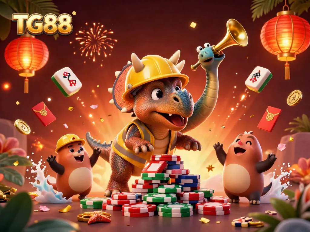 TG88 casino scene with triceratops and celebrations around poker chips and game elements