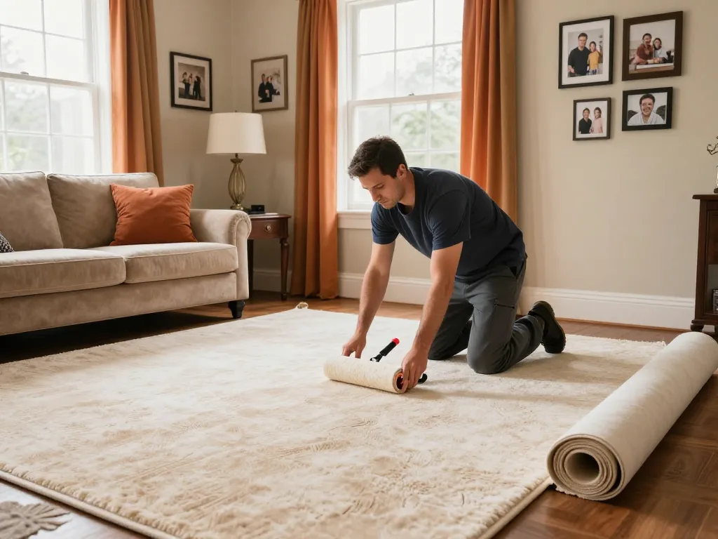 Professional carpet fitters near me installing a cozy plush carpet in a stylish living room.