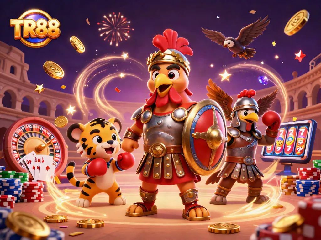 Engage in thrilling casino action with TR88, featuring cartoon gladiator, tiger cub, and eagle in dynamic scene.