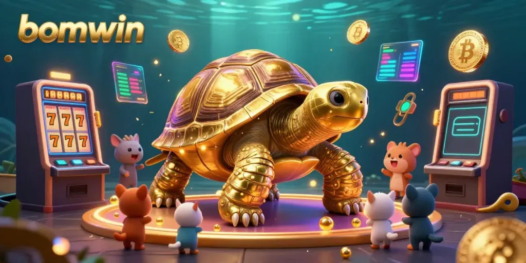 Bets heat up at the bomwin casino with a golden tortoise pinball machine and lively characters playing slots.