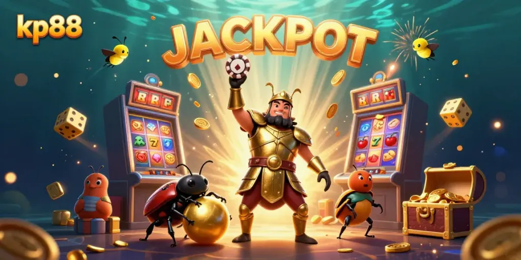 Engaging kp88 casino illustration featuring a heroic beetle character in a victory pose amidst slot machines and jackpot displays.