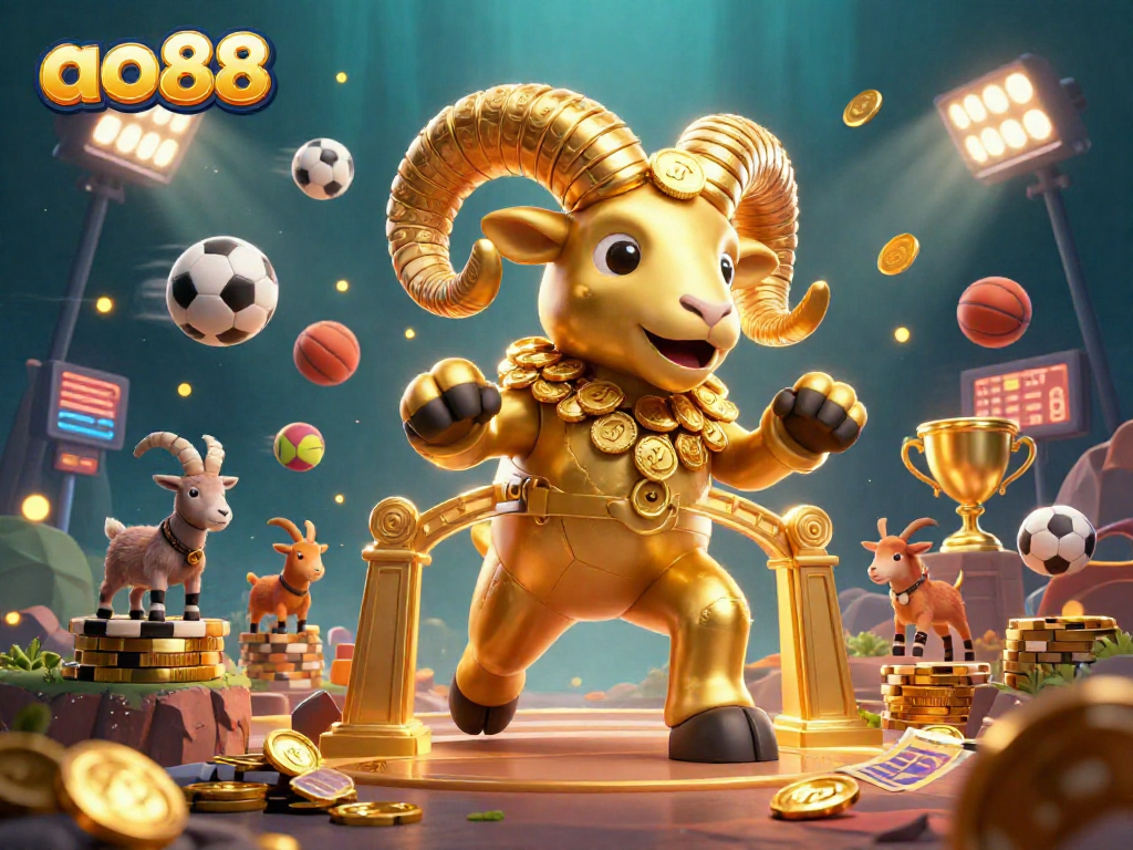 Experience thrilling gaming action at ao88 with a golden ram charging through a vibrant casino scene.