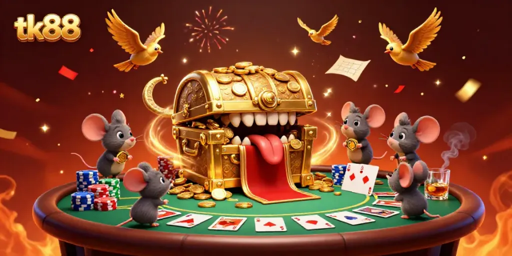 Engage with tk88's vibrant 3D gaming scene featuring treasure chests and poker elements.