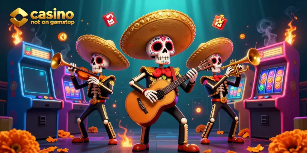 Experience the excitement of playing at a casino not on gamstop with vibrant mariachi characters and dynamic gaming elements.
