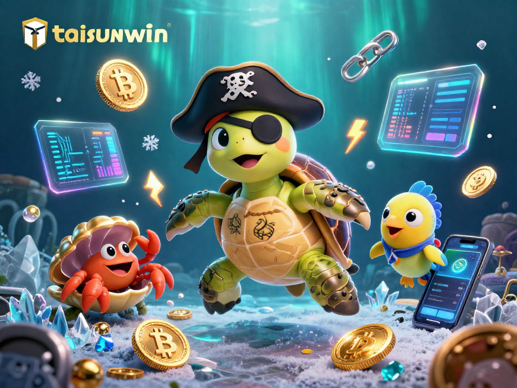 Engage in vibrant gaming at taisunwin with a 3D turtle treasure scene featuring crypto elements.