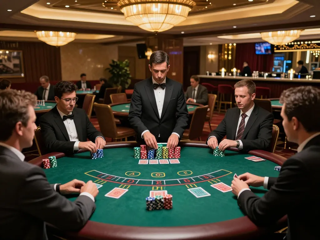 Players strategizing around a blackjack table at a casino, showcasing the SC88 excitement of high-stakes betting