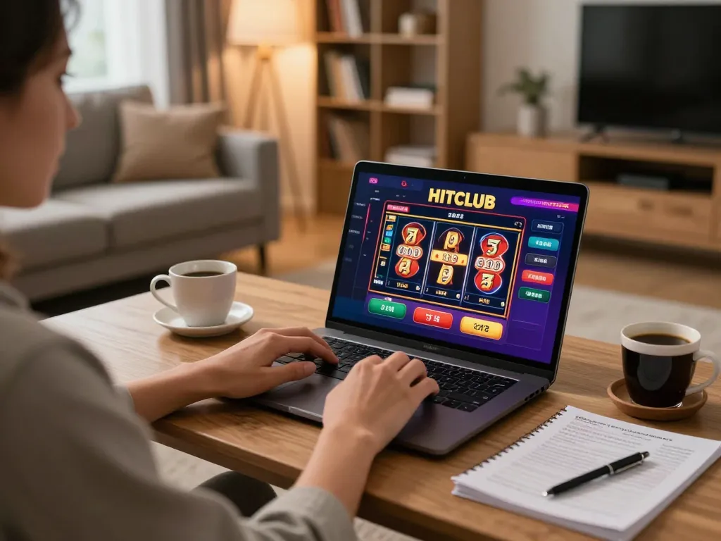 Engage with HITCLUB in a cozy home gaming setup, showcasing online casino gameplay on a laptop