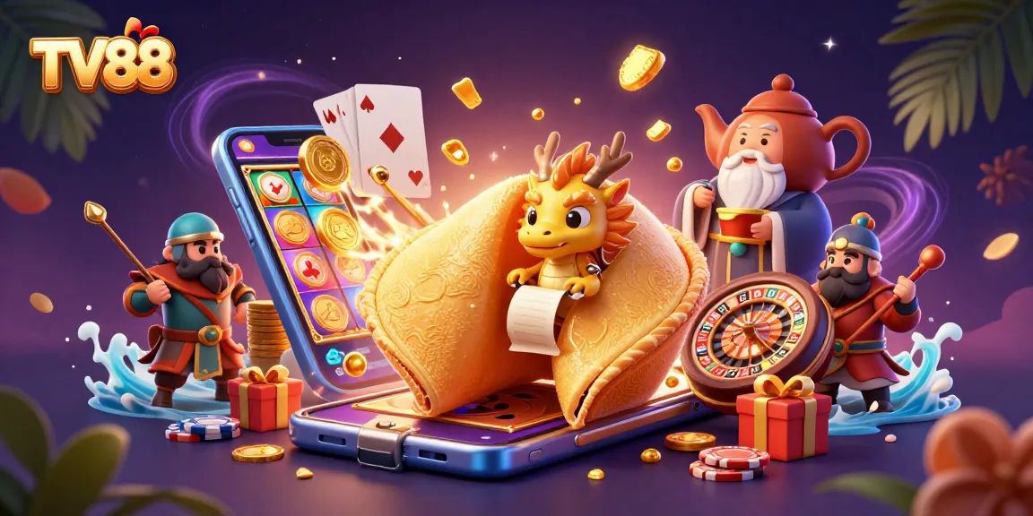 Engage with TV88's thrilling 3D digital casino illustration showcasing dynamic gaming elements.