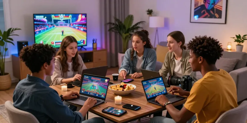 Friends enjoying M88 Login alternatif online gaming at home, vibrant atmosphere, and multiple devices visible.