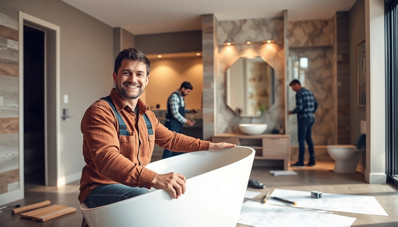 Bathroom builders near me installing a modern bathtub in a stylish bathroom renovation.