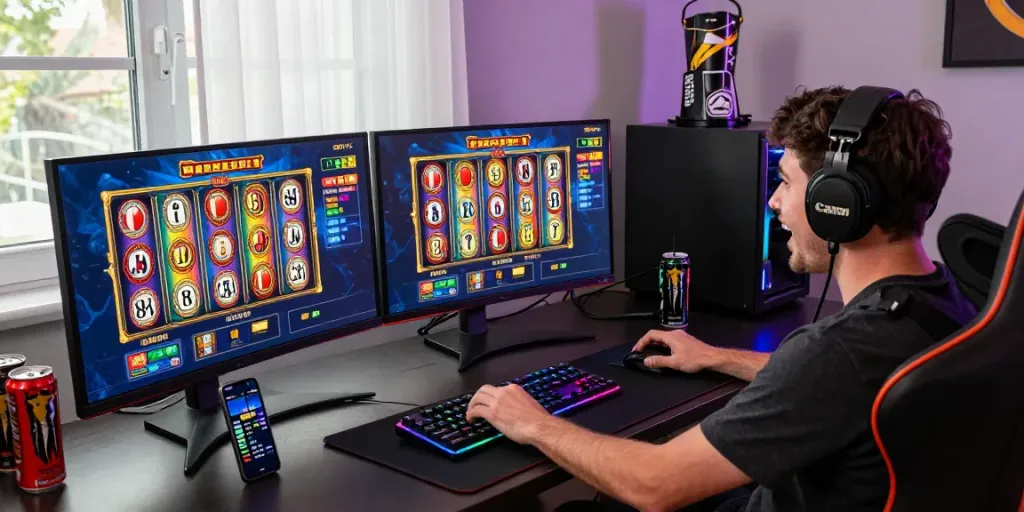 Koitoto gaming experience with player immersed in online slot games, showcasing vibrant graphics and modern setup in an inviting atmosphere.