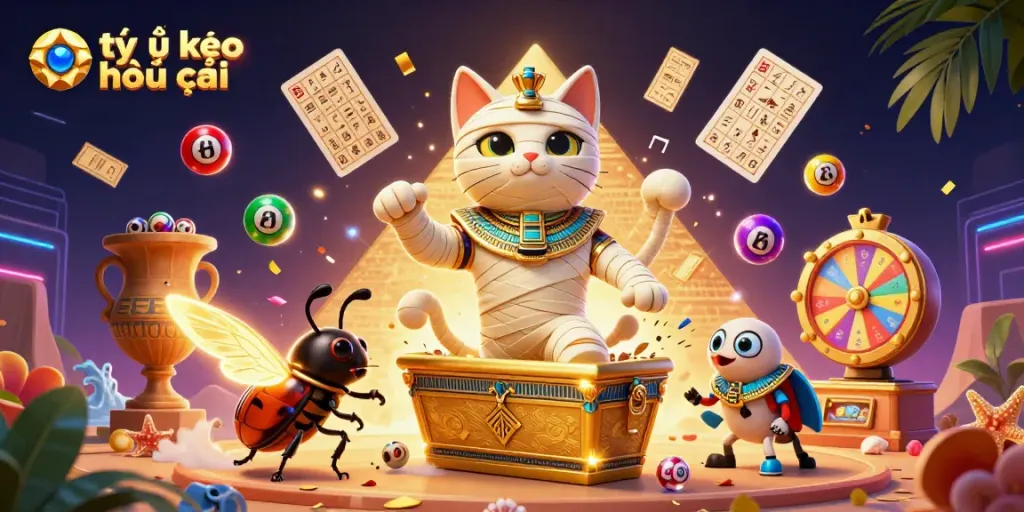 Bet on tỷ lệ kèo nhà cái in a vibrant Egyptian-themed casino illustration with unique characters and elements.