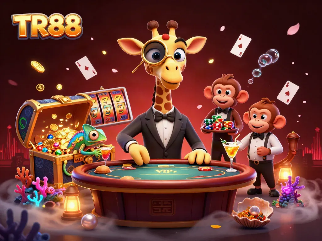 Engage with TR88 at a vibrant casino scene featuring elite characters and dynamic gaming elements.