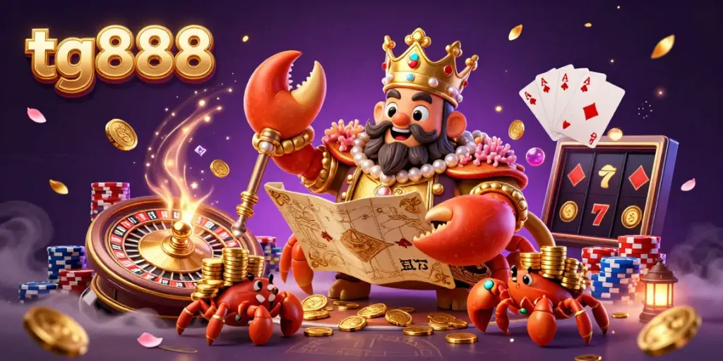 Experience the excitement of tg888 casino with a vibrant 3D illustration of a golden crab emperor amidst dynamic casino elements.