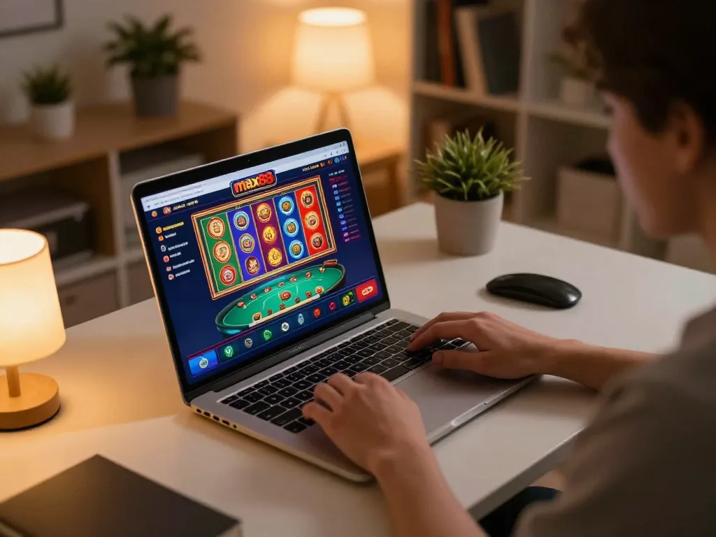 Max88 online gaming setup showcasing a player engaging with dynamic slot games.