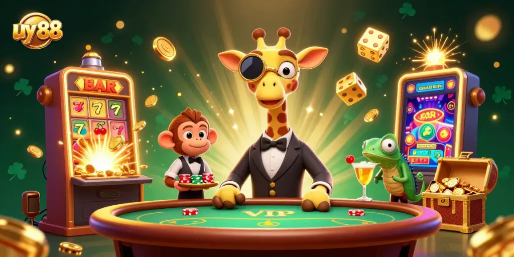 Experience thrilling gameplay at uy 88 with fun characters enjoying vibrant casino action.