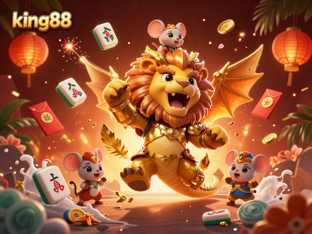 Engage with king88: A vibrant scene of a chimera creature and a brave jockey amidst casino elements.
